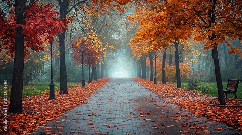 A vibrant view of an autumn path covered with brilliant orange leaves, contrasted by a glowing misty background, embodying a sense of dreamy exploration. photo