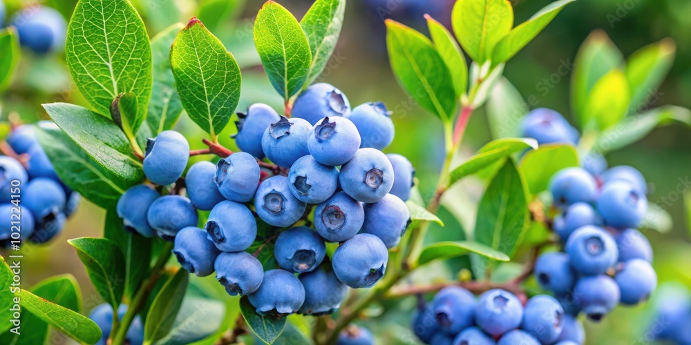 A vibrant cluster of blueberries ripened to perfection on a bush, showcasing the natural beauty of this summertime fruit.