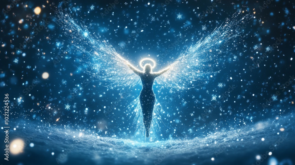 charming ornaments Christmas sparkling backdrop Glowing Angel Flying Over Snowy Landscape at Night charming ornaments Christmas sparkling backdrop Glowing Angel Flying Over Snowy Landscape at Night