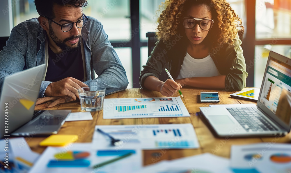 Diverse Marketing Team Brainstorming and Researching Business Strategies in Modern Office with Laptops and Charts Diverse Marketing Team Brainstorming and Researching Business Strategies in Modern Office with Laptops and Charts