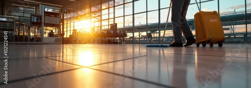 Sunset at Airport Terminal with Luggage and Cleaning Staff