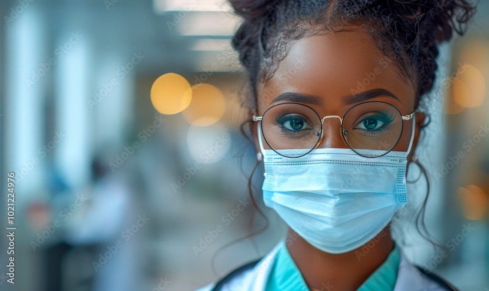 Confident African-American Female Doctor in Glasses and Mask in Modern Medical Clinic, Daytime, Professional Healthcare Worker, Focused on Patient Safety, Woman in Medicine, Diverse Medical Staff Confident African-American Female Doctor in Glasses and Mask in Modern Medical Clinic, Daytime, Professional Healthcare Worker, Focused on Patient Safety, Woman in Medicine, Diverse Medical Staff
