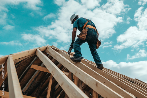 Roofer Carpenter Working on Roof Structure at Construction Site Residential Roofing Building Process