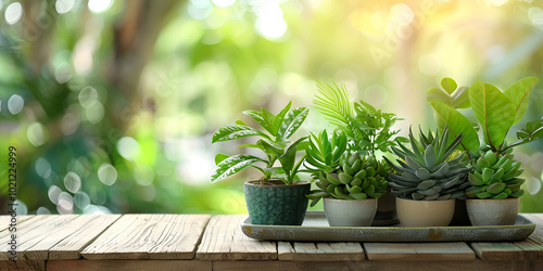 green pot on wooden table with the blur and bokeh background 