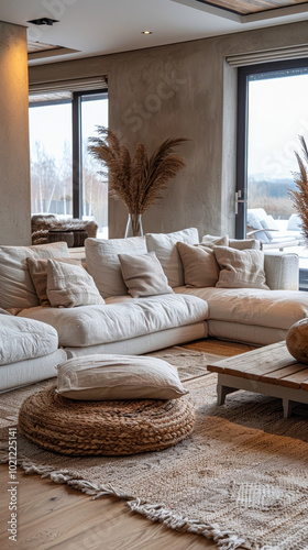 Cozy Scandinavian style living room with modern design, beige sectional sofa, large windows, natural light, neutral tones, indoor plants, relaxing atmosphere, winter morning, contemporary home decor