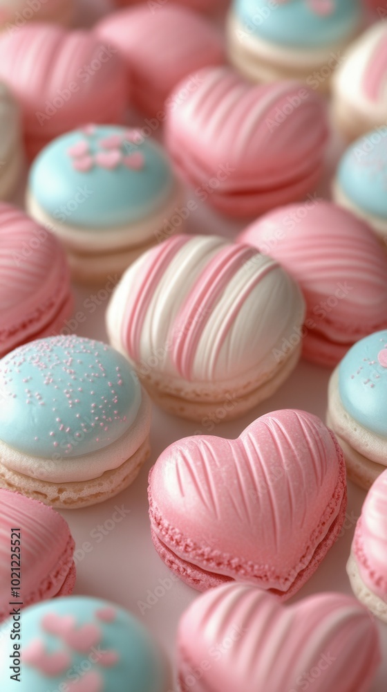 A variety of beautifully decorated macarons in soft pink and blue hues are arranged on a white surface, showcasing intricate designs and heart shapes. These sweet treats create an appealing display pe A variety of beautifully decorated macarons in soft pink and blue hues are arranged on a white surface, showcasing intricate designs and heart shapes. These sweet treats create an appealing display pe