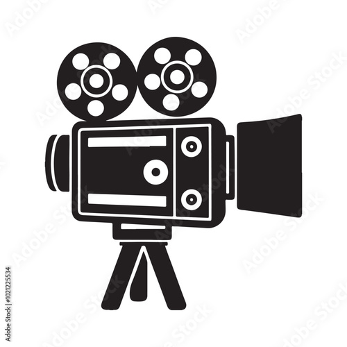 Black and White Cinema Camera Silhouette Icon - Vintage Movie Camera Vector for Film Projects.
