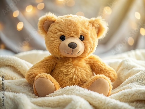 Adorable golden teddy bear resting on soft fabric, perfect for children's decor and gift ideas