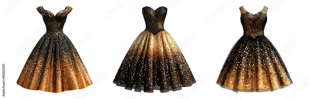 Elegant Glittering Dresses in Gold and Black Colors Isolated on Transparent Background Elegant Glittering Dresses in Gold and Black Colors Isolated on Transparent Background