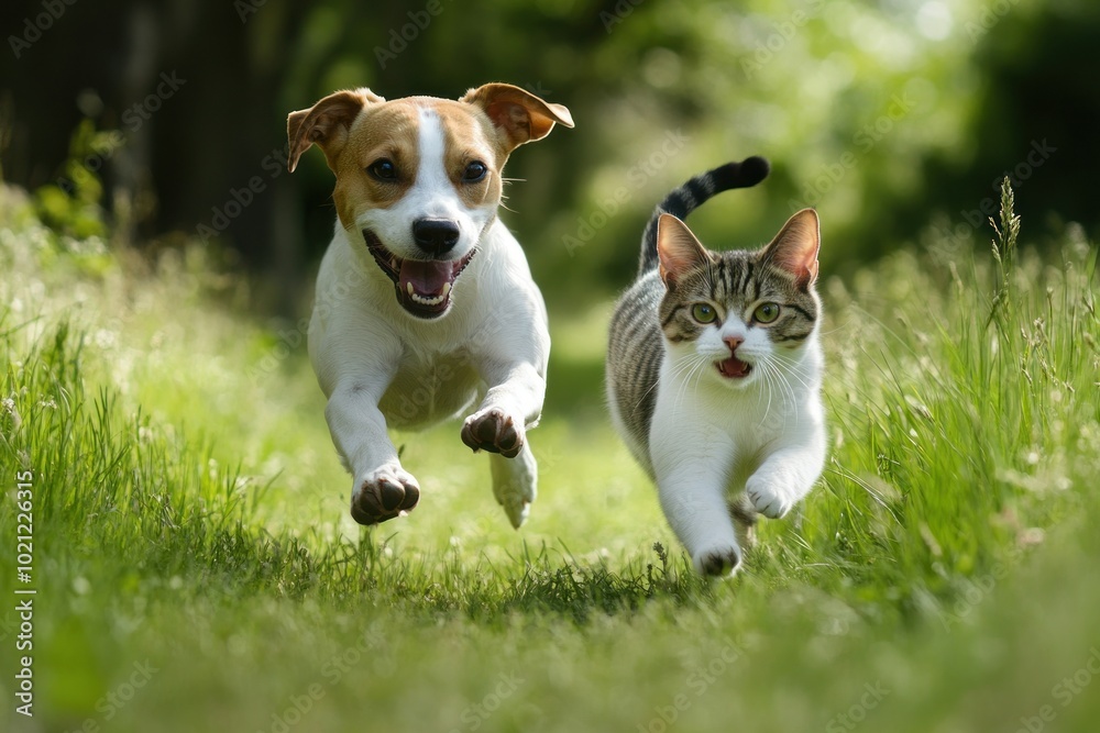 Joyful Dog and Cat Running in Sunny Meadow Joyful Dog and Cat Running in Sunny Meadow