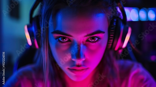 A dedicated gamer immersed in a high-stakes game, with neon lights reflecting off their face as they focus on the screen