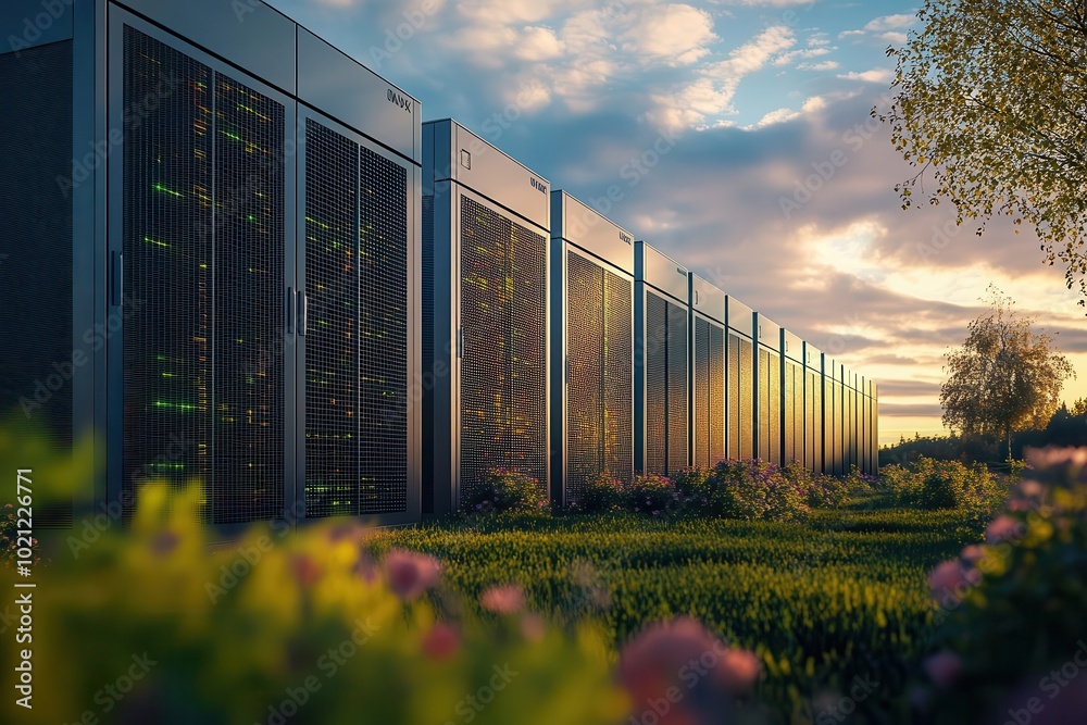 Clean energy-powered data center, symbolizing green tech infrastructure Clean energy-powered data center, symbolizing green tech infrastructure