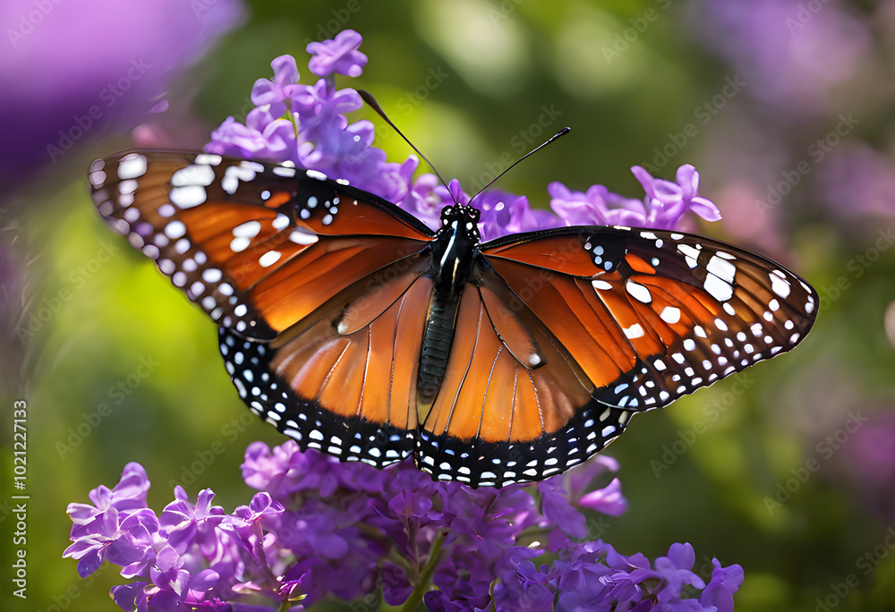 A colorful queen butterfly flies over purple flowers in a beautiful garden. Soft sunlight brightens the colors of the butterfly and flowers. A colorful queen butterfly flies over purple flowers in a beautiful garden. Soft sunlight brightens the colors of the butterfly and flowers.