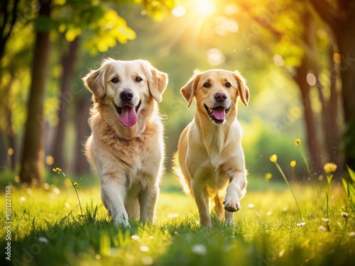 Adorable Labrador and Golden Retriever Dogs Playing Together in a Sunny Green Park Setting