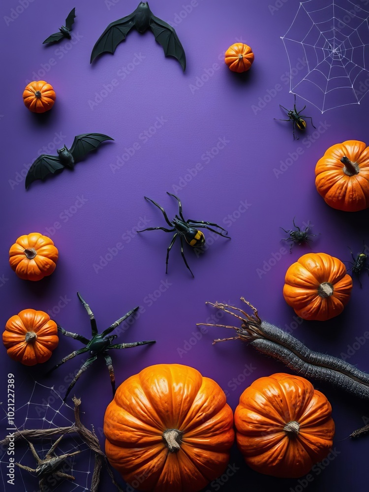 Get spooked by halloween decor: top view of insects spiders centipede pumpkins spiderweb bats on violet backdrop - ideal for greetings or ads halloween backdrop Get spooked by halloween decor: top view of insects spiders centipede pumpkins spiderweb bats on violet backdrop - ideal for greetings or ads halloween backdrop