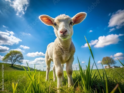 Adorable lamb grazing in a lush green meadow under a clear blue sky during a sunny spring day