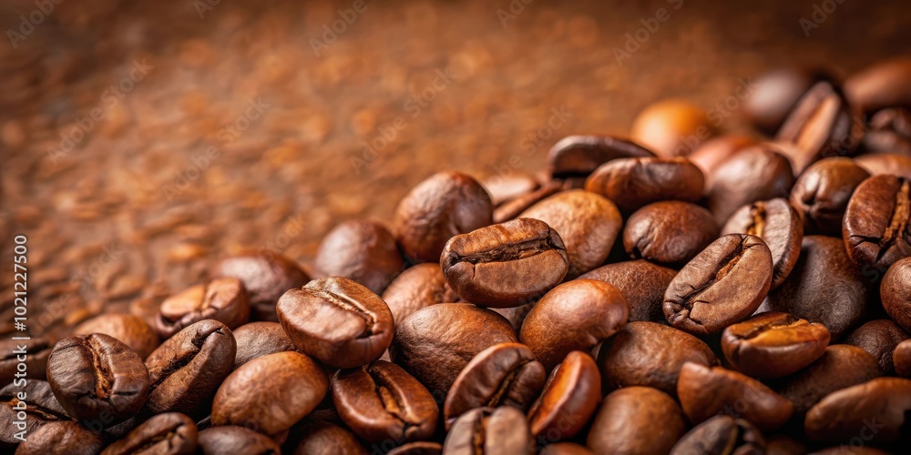 Fototapeta premium A close-up view of a pile of dark roasted coffee beans with a blurred brown background.