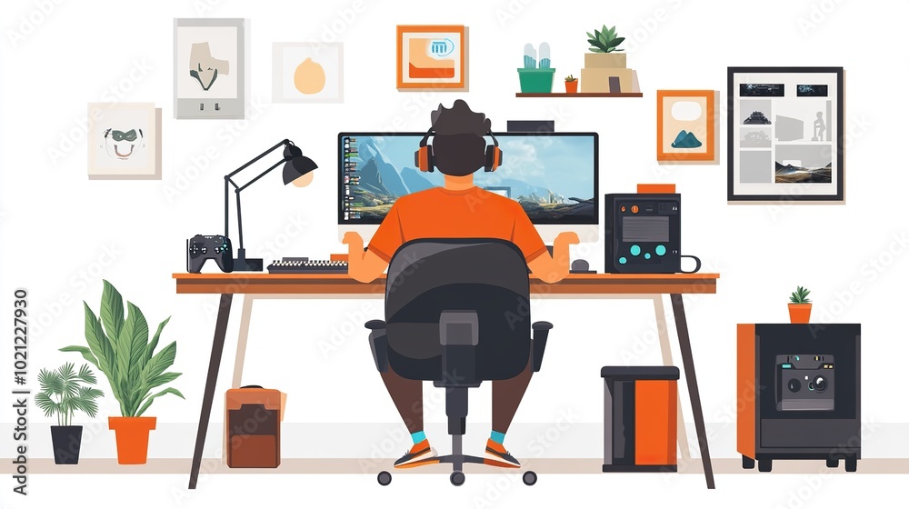 A gamer balancing their lifestyle, playing games, streaming, and managing social media from their desk
