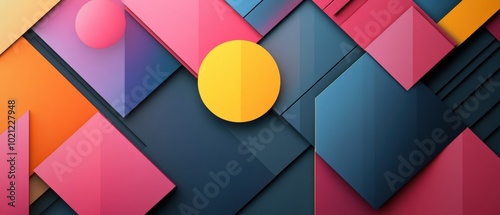 Vibrant abstract geometric composition with colorful overlapping shapes and patterns.