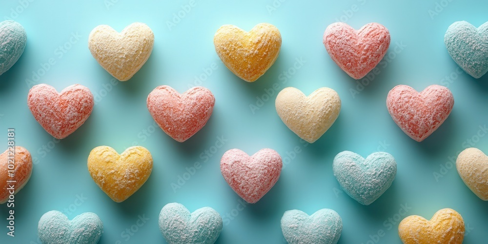 A vibrant display of heart-shaped bath bombs in shades of pink, yellow, and blue is arranged neatly on a light blue background. These colorful products provide a delightful addition for a tranquil bat A vibrant display of heart-shaped bath bombs in shades of pink, yellow, and blue is arranged neatly on a light blue background. These colorful products provide a delightful addition for a tranquil bat
