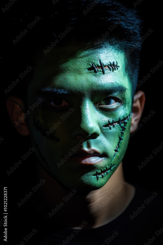 Portrait of an Asian man with Frankenstein's monster makeup, featuring green skin and stitches, copy space in the middle, in a black background, Halloween theme, iconic horror character, eerie soft Portrait of an Asian man with Frankenstein's monster makeup, featuring green skin and stitches, copy space in the middle, in a black background, Halloween theme, iconic horror character, eerie soft