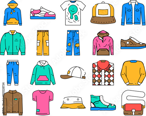 streetwear cloth urban style icons set vector. print element, shirt woman, abstract fashion, shop wear, globe angel, futuristic streetwear cloth urban style color Contour Illustrations