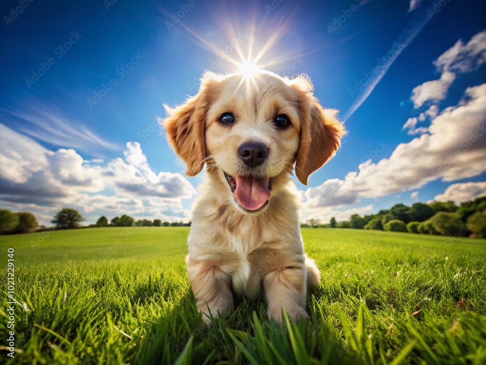 Adorable Playful Puppy Enjoying a Sunny Day Outdoors with a Bright Blue Sky and Lush Green Grass Adorable Playful Puppy Enjoying a Sunny Day Outdoors with a Bright Blue Sky and Lush Green Grass