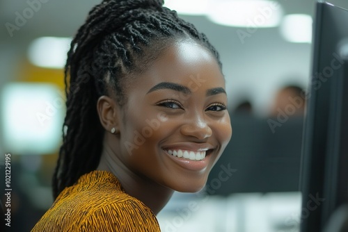 The setting features a vibrant office where a young woman with braided hair sits at her desk, smiling brightly. She appears engaged and cheerful, highlighting a positive work environment amidst collea photo