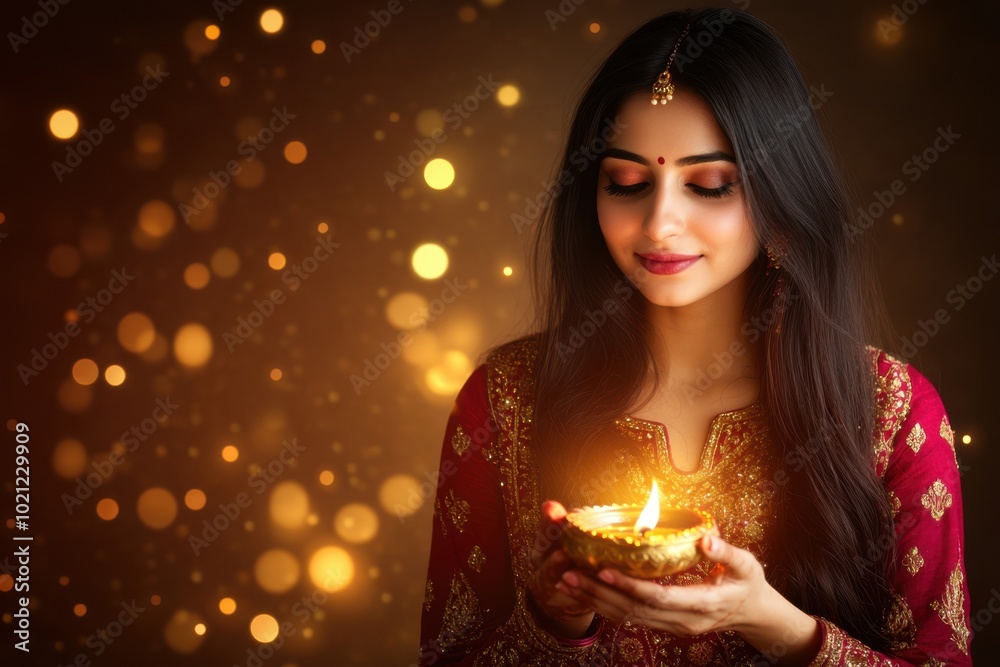 Portrait of Indian woman in burgundy salwar kameez, holding a Diwali lantern, with a gradient glowing background transitioning from burgundy to gold, Indian traditional Diwali festival Portrait of Indian woman in burgundy salwar kameez, holding a Diwali lantern, with a gradient glowing background transitioning from burgundy to gold, Indian traditional Diwali festival