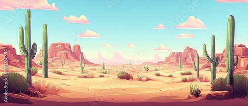 A serene desert landscape with tall cacti under a bright blue sky and pink clouds.