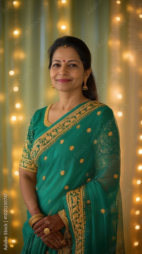 Portrait of Indian woman in elegant green saree with gold accents ...