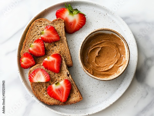 Delicious and Healthy Toast with Nut Butter and Fresh Strawberries Ready to Eat photo