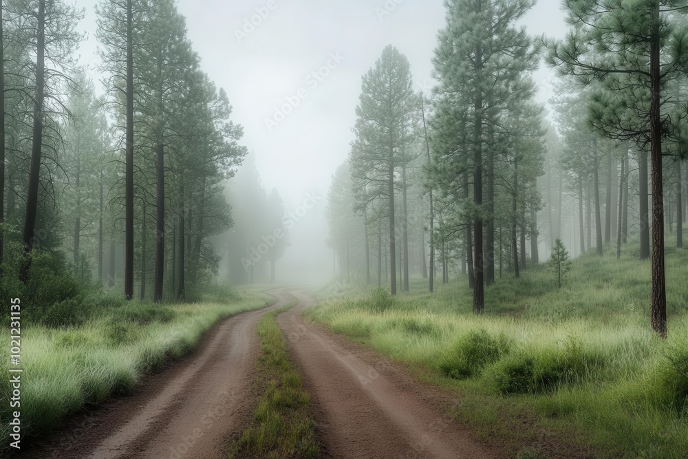 Fototapeta premium Morning fog on a forest road, pine trees barely visible, serene and mystical
