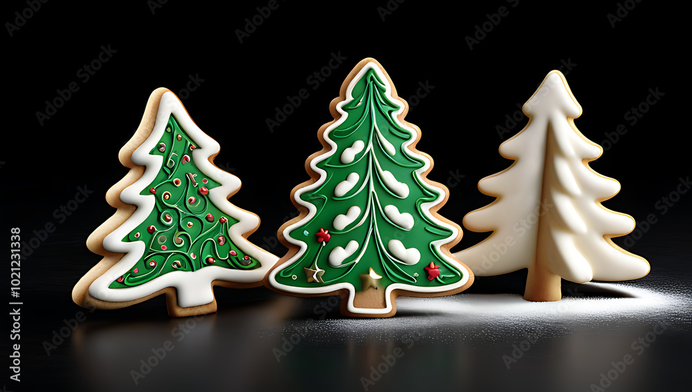 Obraz premium christmas cookies shaped like trees dark background