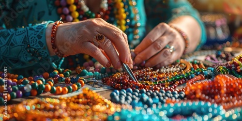 The picture depict about person work in making bead bracelet workshop. Skillful artist create necklace artwork by colorful strings. Crafting handmade art with artistic tool and creativity idea. AIG61.