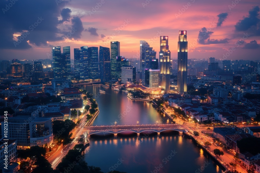 Obraz premium Vibrant Futuristic Cityscape at Dusk