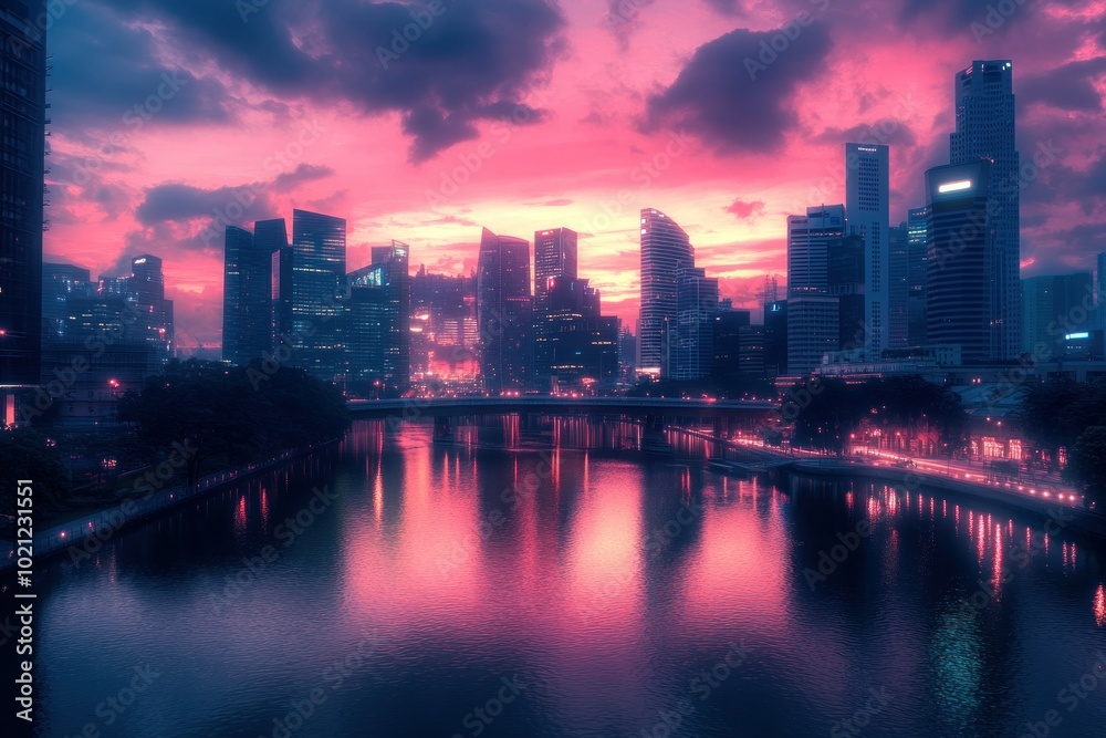 Fototapeta premium Stunning Futuristic Cityscape at Sunset