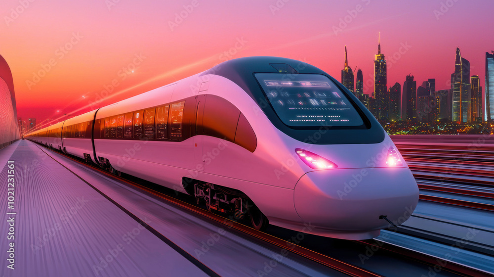 Naklejka premium Futuristic high speed train in glowing city at sunset, showcasing advanced technology