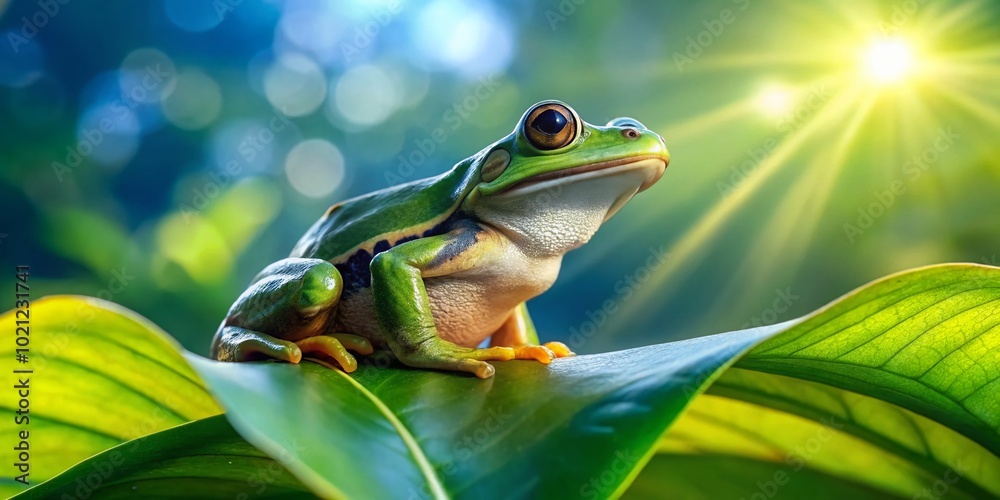 Adult Frog Sitting on a Leaf in a Lush Green Environment Under a Clear Blue Sky in Nature Adult Frog Sitting on a Leaf in a Lush Green Environment Under a Clear Blue Sky in Nature