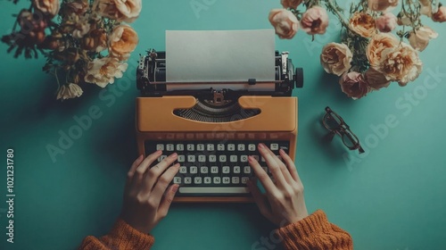 A freelance writer working on a novel, with a minimal pastel blue background that promotes calm and focus, enhancing creativity photo