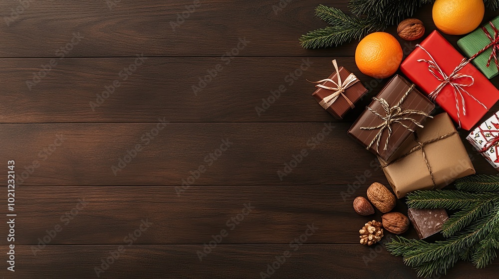 A beautifully arranged table showcases Christmas gifts, chocolates, mandarins, and sweets, creating a cozy and festive ambiance perfect for the holiday season A beautifully arranged table showcases Christmas gifts, chocolates, mandarins, and sweets, creating a cozy and festive ambiance perfect for the holiday season