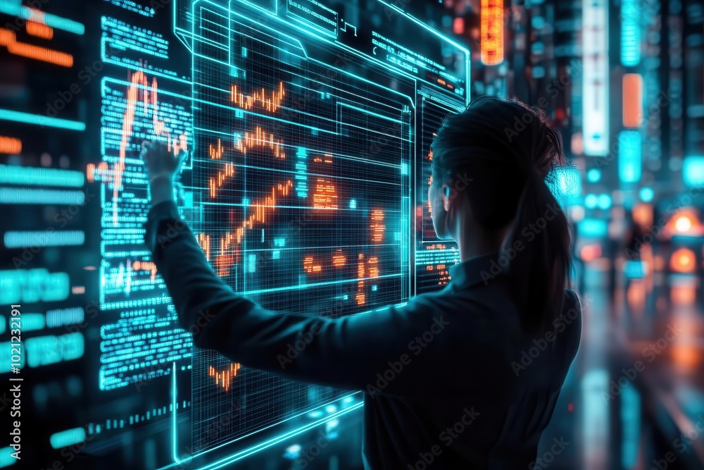 Price drop, holographic stock market crash, futuristic business decline, digital financial crisis Price drop, holographic stock market crash, futuristic business decline, digital financial crisis