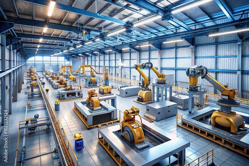 Advanced Future Factory with Automated Robotics and High-Tech Machinery in a Modern Industrial Setting