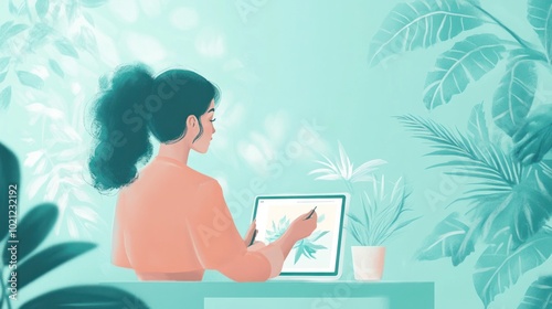 A graphic designer adjusting their digital art on a tablet, with a light blue pastel background emphasizing a soft, modern work environment photo