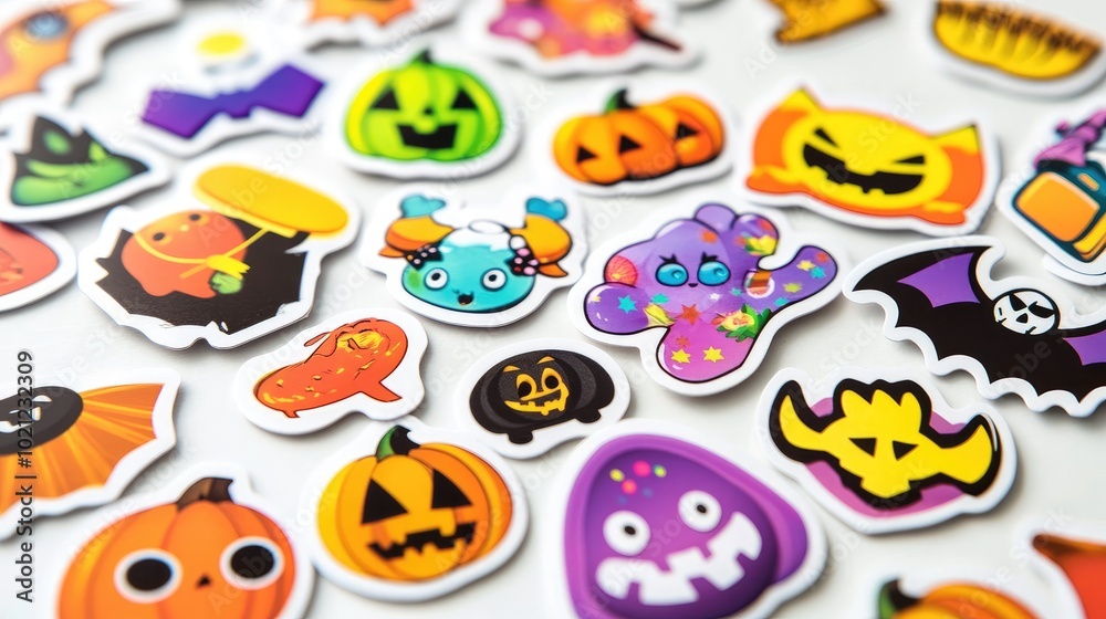 A visually appealing display of cute Halloween stickers, featuring vibrant colors and playful characters, neatly organized on a bright white background. A visually appealing display of cute Halloween stickers, featuring vibrant colors and playful characters, neatly organized on a bright white background.