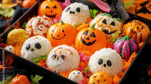 A vibrant Halloween obento box filled with colorful pumpkin-shaped rice balls, ghost-cut vegetables, and festive treats, set against a black and orange themed backdrop. photo