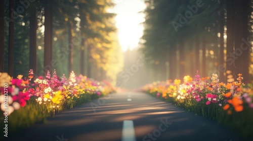 Road with pine trees and wildflowers on the side, colorful and vibrant