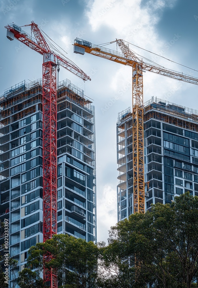 Two tall skyscrapers under construction with red and yellow cranes towering above, representing urban development and modern architecture.
Two tall skyscrapers under construction with red and yellow cranes towering above, representing urban development and modern architecture.