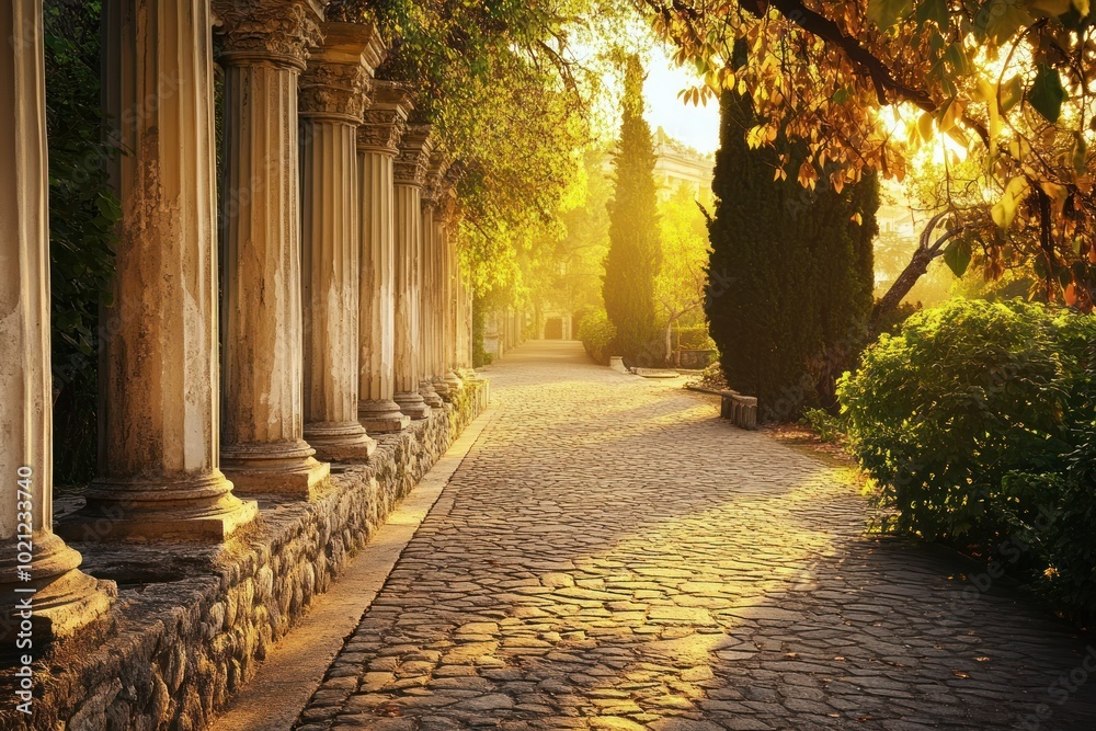 Serene Pathway Flanked by Majestic Columns