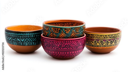 Colorful ceramic bowls stacked on each other, isolated on a white background.